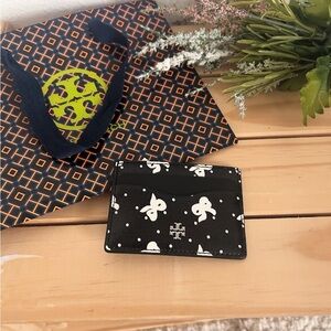 NWT🎀Tory Burch Emerson Printed Slim Card Case/Holder Black Tossed Bow 170194